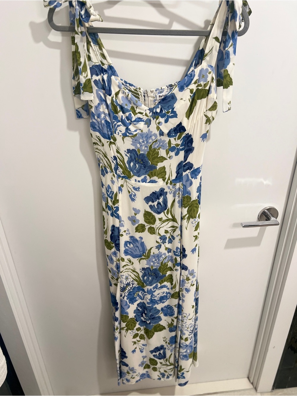 Reformation White Maxi Dress with Blue Floral